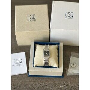 EUC ESQ by MOVADO Swiss Silver DIAMOND Bezel Black Dial Women's Watch E5428